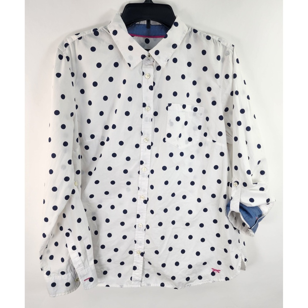 Talbots Button Up Polka Dot Top Women's XL White Roll Tab Sleeve Coastal